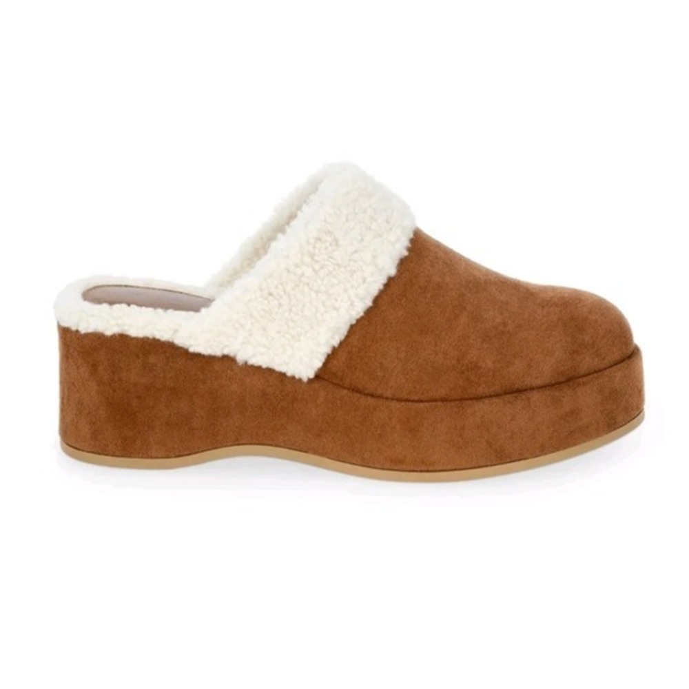 Faux Shearling Wedge Clogs Brown Womens 9 Slip-On Platform Cozy Fall  New - Picture 5 of 9